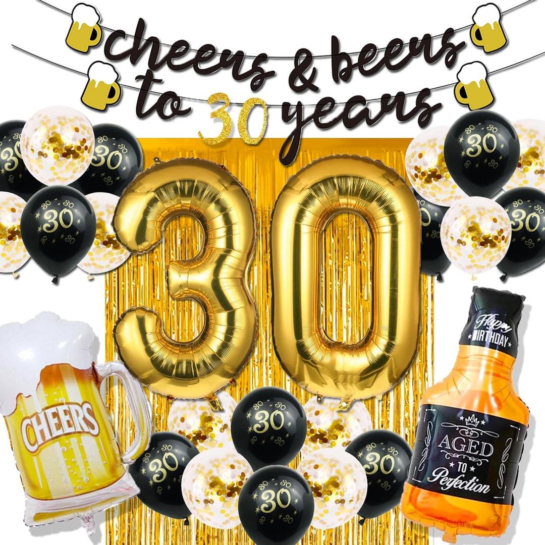 30th Birthday Decorations for Him, 30 Birthday Decorations for her with 40 Inch Gold 30 Number Balloons, Cheers to 30 Years Banner,Fringe Curtains and Cups Foil Balloons