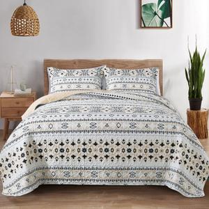 BEDIFANY Boho Quilt Bedding Set, 3 Pieces Stripe Queen Bedspread Lightweight Boho Queen Quilt, All-Season Bed Spread Coverlet Set for Bed Decoration (Queen (90 * 98 in), Sound Waves Black & Beige)