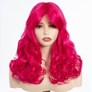 FASHION IDOL Curly Hair Wig with Natural Bangs for Women 16 Inches Short Wavy Hair Glueless Heat Resistant Synthetic Wear and Go Wig (ROSE PINK)