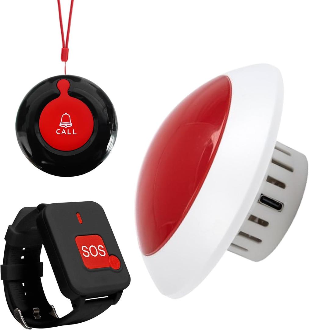 Wireless Call Strobe Light System with 2 Waterproof Wearable Call Buttons (Wrist SOS & Neck Call), Long Range Emergency Medical Alert & Caregiver Pager for Seniors Daily Emergency Calls