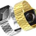 2 Pack Compatible for Apple Watch Band 49mm 46mm 45mm 44mm 42mm, Rugged Stainless Steel Replacement Strap Metal Bands for iWatch Ultra 2/1 Series 10/9/8/7/6/5/4/3/2/1/SE/SE2 Women Men (Silver+Gold)