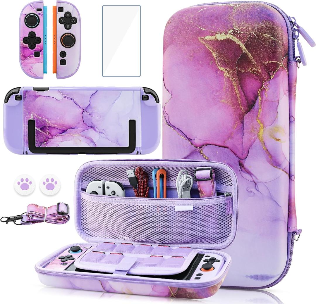 GLDRAM Carrying Case for Nintendo Switch 2, Purple Marble Texture Accessories kit with Portable Travle Storage Bag, Hardshell PC Protective Cover Skin, Screen Protector, Shoulder Strap & 2 Thumb Grips