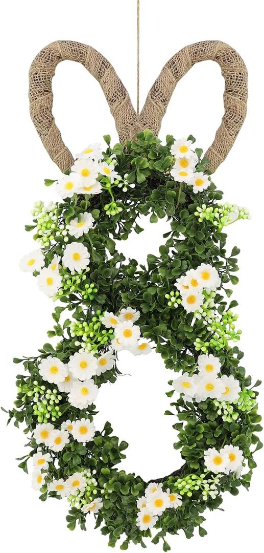 20 Inch Easter Bunny Wreaths, Rattan Easter Bunny Door Wreath Bunny Shaped Spring Wreath with Greenery White Daisies for Front Door Wall Window Decor (Daisy Flowers)
