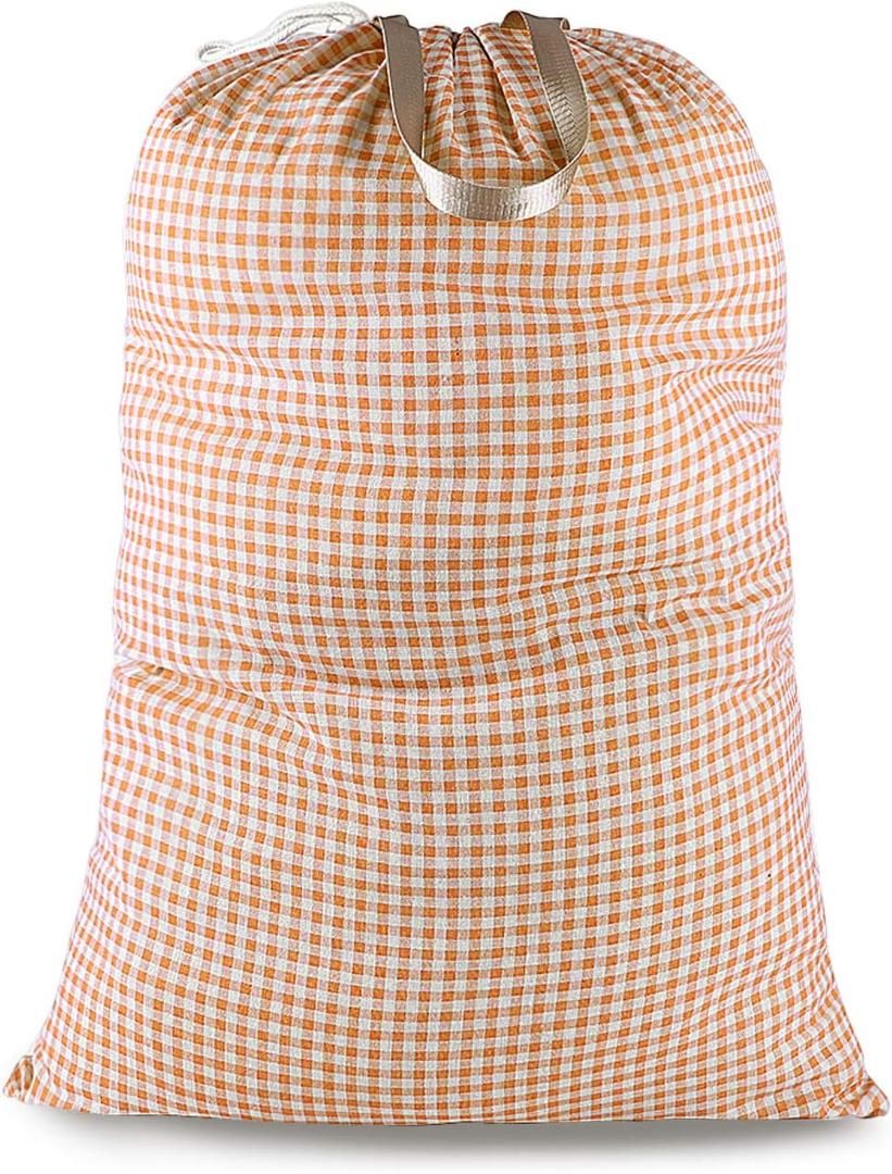 Extra Large Laundry Bag with Drawstring and Handle, Heavy Duty Travel Dirty Clothes Bag for Laundromat and Household, Durable Rip-Stop Laundry Hamper Liner, 28 x 40 Inch, Check Orange