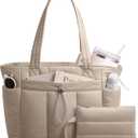 TOPDesign Puffy Tote Bag for Women with Cup Holder & Laptop Compartment & Cosmetic Bag & Trolley Sleeve for Work, Travel (Large, Camel)