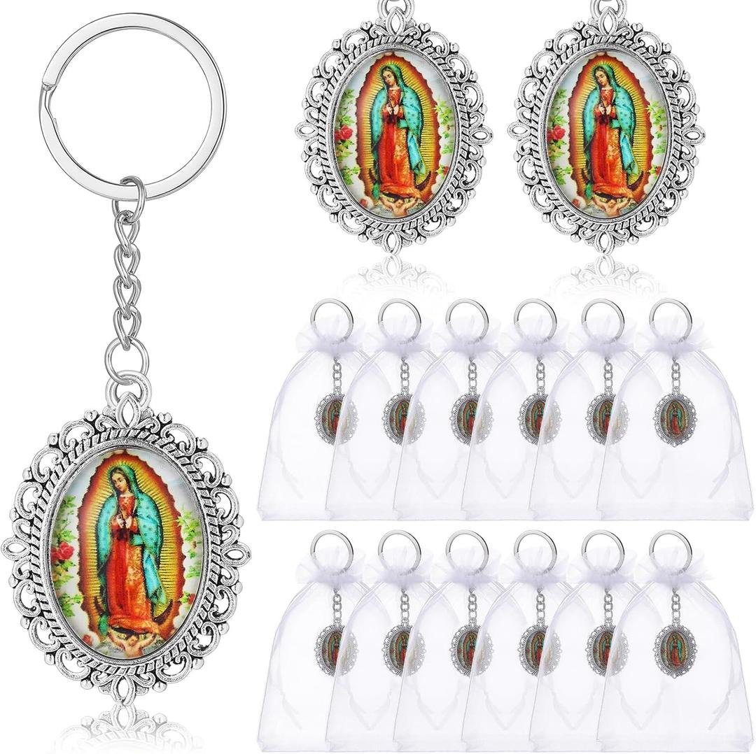 24 Pcs Our Lady of Guadalupe Keychains Baptism Favors for Guests First Communion Gift Virgen De Guadalupe Llaveros with Organza Gift Bags Religious Catholic Keychain Recuerdos De Bautizo Christening (Classic)