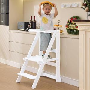 Foldable Toddler Learning Standing Tower, WOOD CITY Montessori Kitchen Step Stool Helper with 3 Adjustable Heights Learning Kitchen Tower (White)