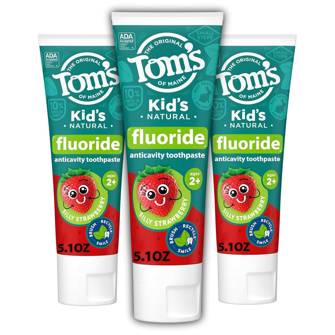 Tom's of Maine ADA Approved Fluoride Kids Toothpaste, Natural Toothpaste, Dye Free, No Artificial Preservatives, Silly Strawberry, 5.1 oz. Pack of 3, EXP: 01/2027