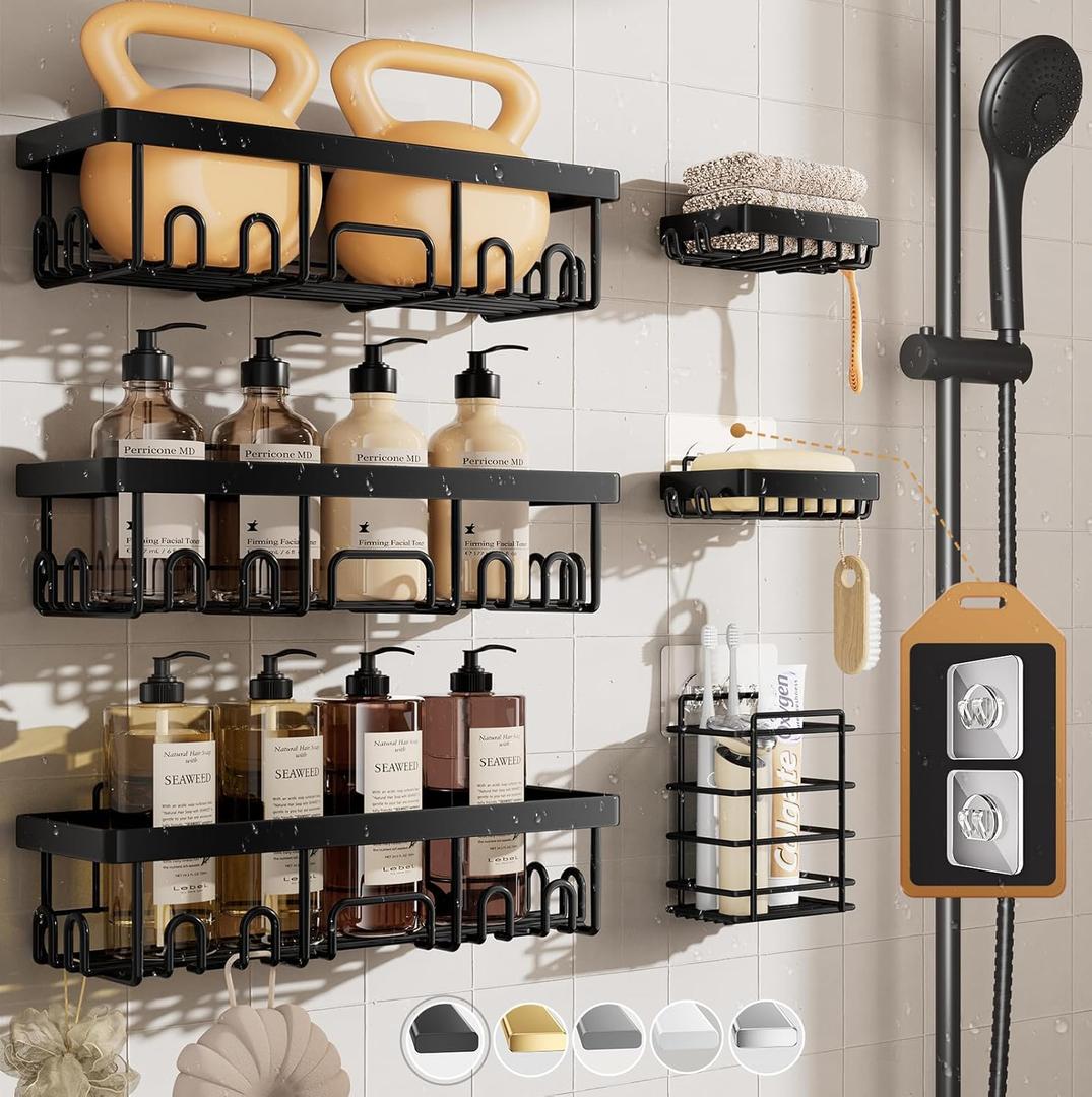 Veken Rustproof & Waterproof Shower Caddy 6-Pack, No Drilling Adhesive Shelves Rack with Soap Holder, Large Capacity Bathroom Organizers and Storage, Wall-Mounted Kitchen & Home Decor (6-Piece Set, Black)