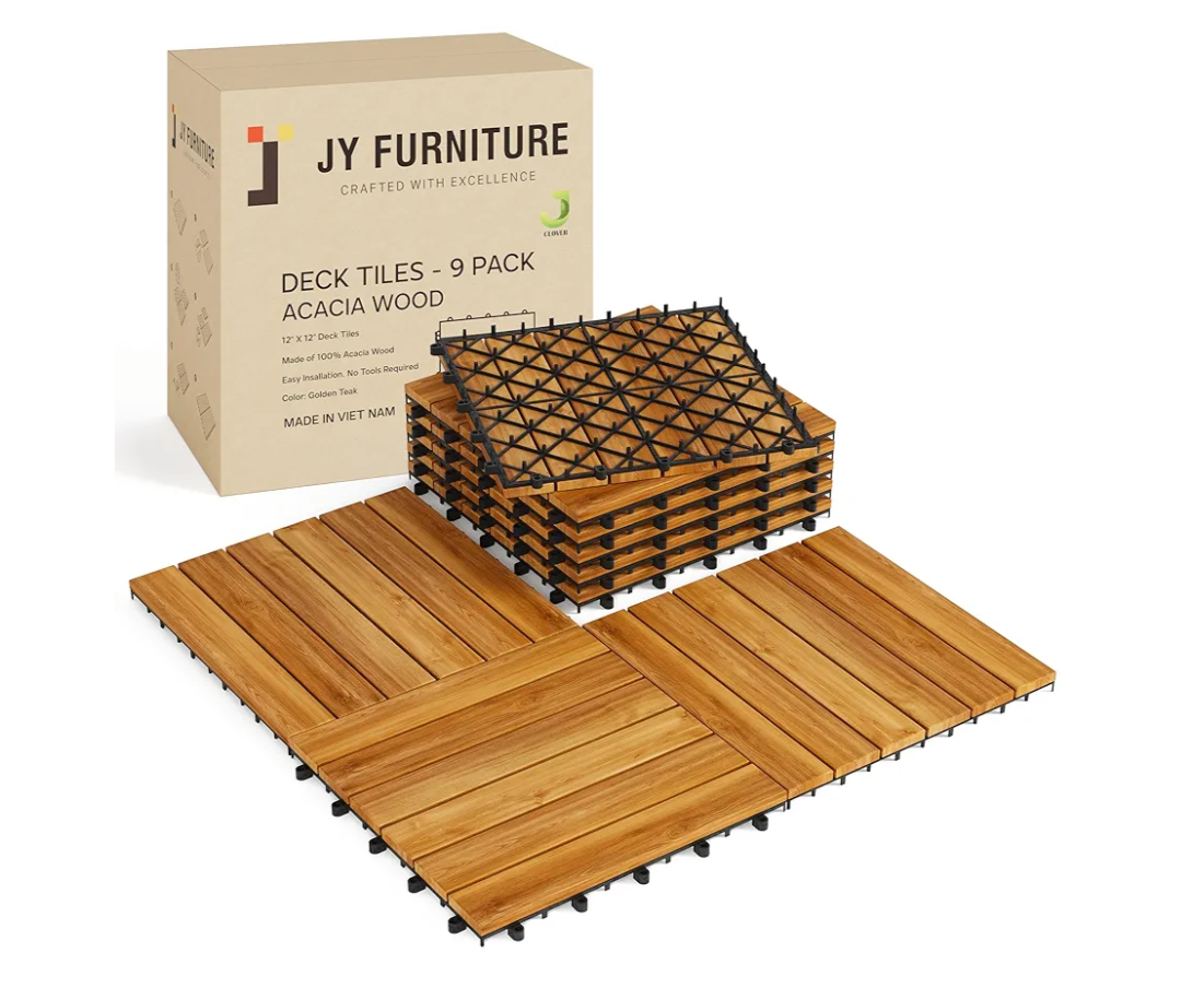 9 PCS Interlocking Deck Tiles 12" x 12"- Acacia Wood Deck Tiles for Outdoor & Indoor Use, Drainage, Non Slip, Easy Installation - Patio Flooring for Balcony, Backyard, and Garden (Golden Steak)