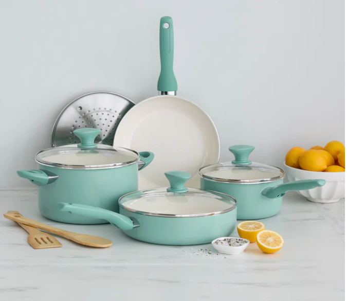 GreenPan Rio Healthy Ceramic Nonstick Cookware Pots and Pans Set, PFAS-Free, Dishwasher Safe, Turquoise 10Pcs