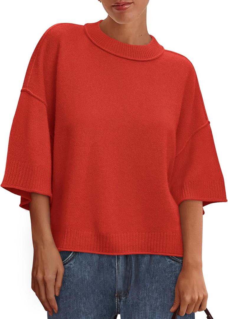 BTFBM Womens Short Sleeve Tops 2025 Summer Casual Crew Neck Oversized Sweater Solid Color Ribbed Knit T Shirts (XX-Large)