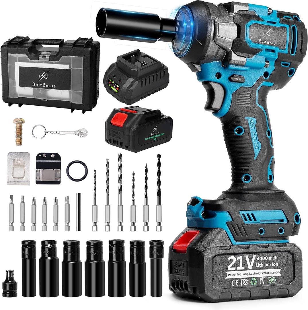500 N.m Brushless Impact Wrench with Small Wrench, Waist Hook, 7 Sockets, 6 Scredrivers and 6 Drill Bits 3500 RPM Heavy Duty Impact Drill for Cars, RV, Truck,Home Furniture and DIY Projects
