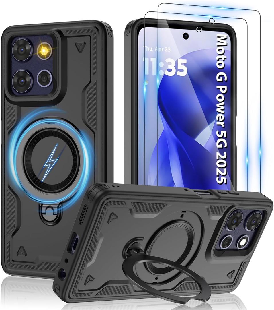 Moto G Power 5G 2025 Magnetic Case,Compatible with MagSafe & [HD Screen Protector2],Metal Rotated Kickstand,Military Grade Drop Proof Anti-Fingerprint Protective,Moto G Power 5G 2025,Black
