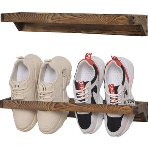 MyGift Set of 2 Solid Wooden Wall Mounted Shoe Rack Storage Organizer with Rustic Burnt Wood Finish, Hanging Footwear Holder for Closet, Mudroom, Entryway, Holds 4 Pairs