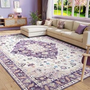 Amearea Vintage Design Area Rugs for Living Room, 5x8 Machine Washable Floral Collection Traditional Bedroom Rug, Low Pile Cute Kids Room Print Carpet, No Slip Office Kitchen Home Decor, Purple