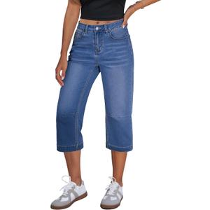 GRAPENT Capri Jeans for Women Mid Rise Straight Leg Casual Relaxed Fit Summer Cropped Stretchy Denim Capris Pants (XX-Large, Classic Blue)