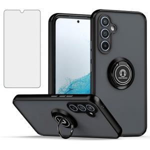 Phone Case for Samsung Galaxy S24/S25 5G Translucent Matte with Tempered Glass Screen Protector Finger Ring Rotating Stand Magnetic Car Mount Cover S 24 24S 25 25S G5 SM-S931U Women Men Black
