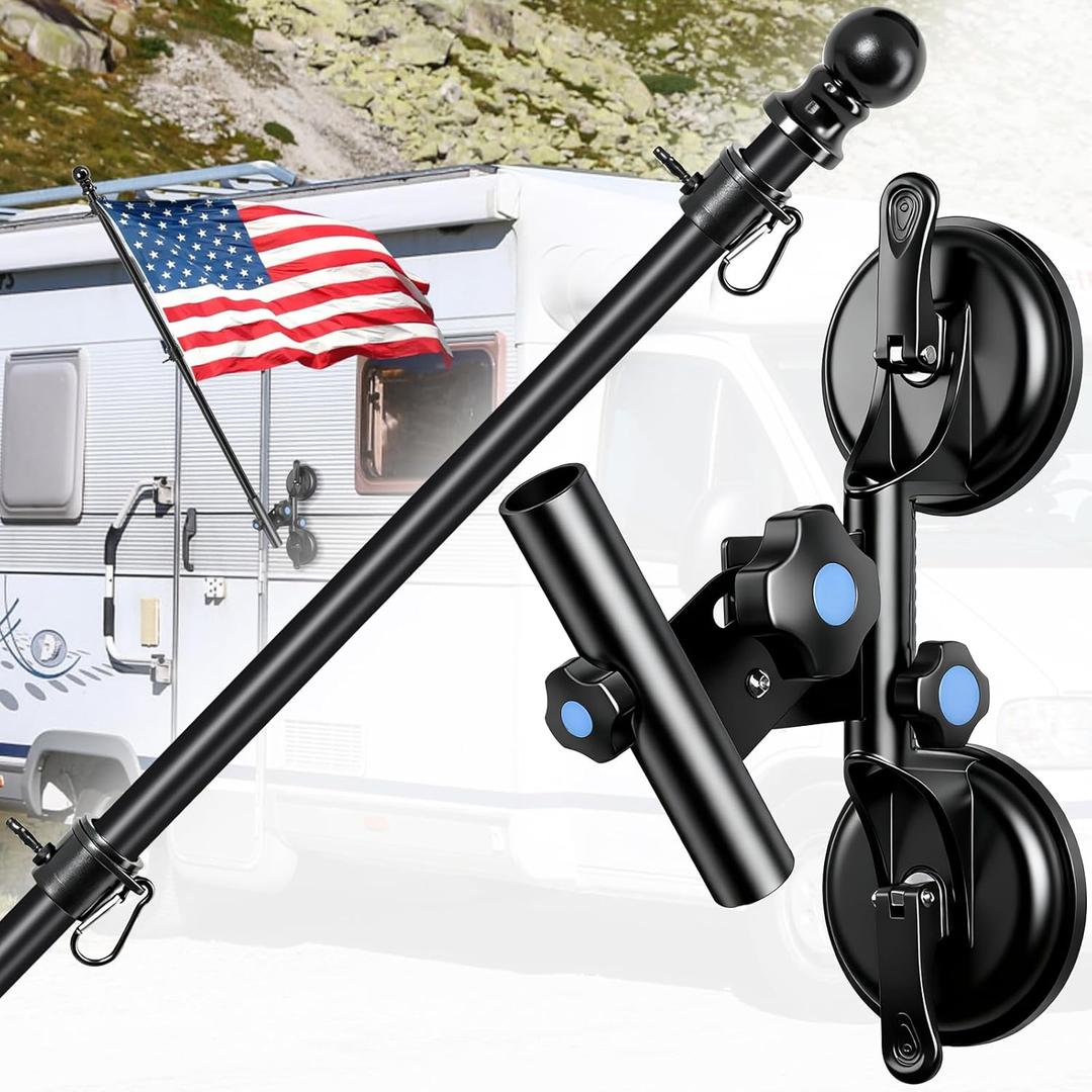 Suction Cup Flag Holder with Flag Pole for RV, RV Flagpole Mount Kit with Angle Adjustable, Quick Flag Pole Mount Kit for Holds Flags,Heavy Duty Flagpole Holder for Camper, Truck, Trailer, Boat