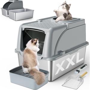 Stainless Steel Litter Box, XXL Large Metal Covered Litter Boxes, Dual Entrance Detachable Cat Litter Box with Lid, 16.6'' High Wall Urine Leak Prevention with Cat Litter Scoop (Gray) (1 Pack)