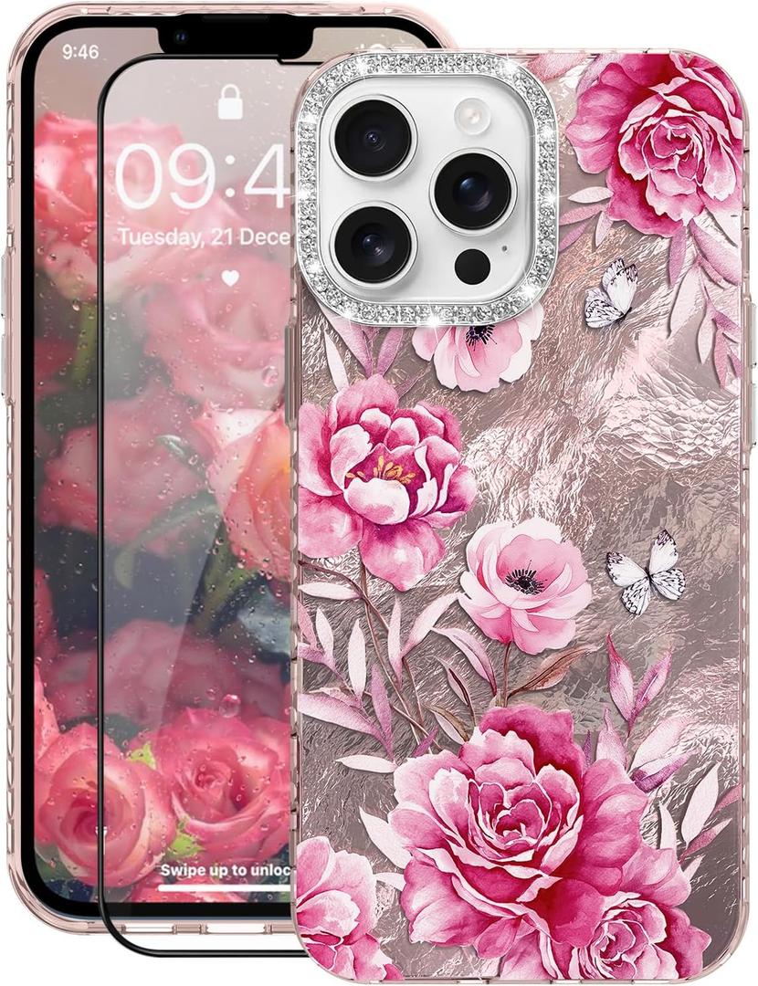 for iPhone 13 Pro Case Glitter, with Screen Protector, Cute Rose Floral Design with Diamond Bling Lens Frame Protection Slim Fit Shockproof Protective Phone Cover for Women Girls -Pink