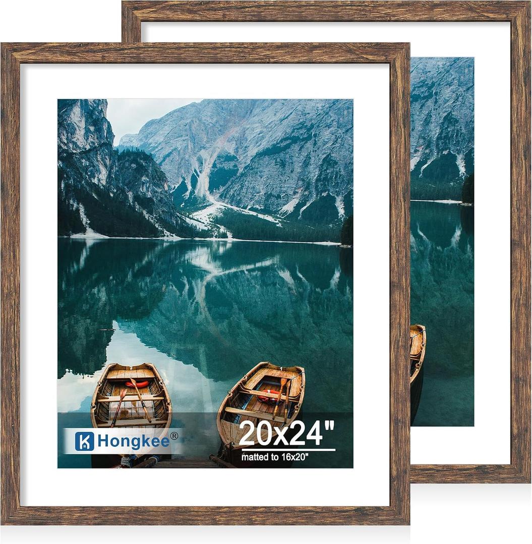 Hongkee 20x24 Frame Set of 2, Rustic Brown Wood Style - Display 16x20 Picture with Mat or 20 x 24 Poster without Mat, Wall Mounting Horizontal and Vertical