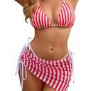 Blooming Jelly Womens 3 Piece Swimsuits Triangle Halter Thong Bikini Set Butterfly Bathing Suits Sarongs XL, Striped-red and White