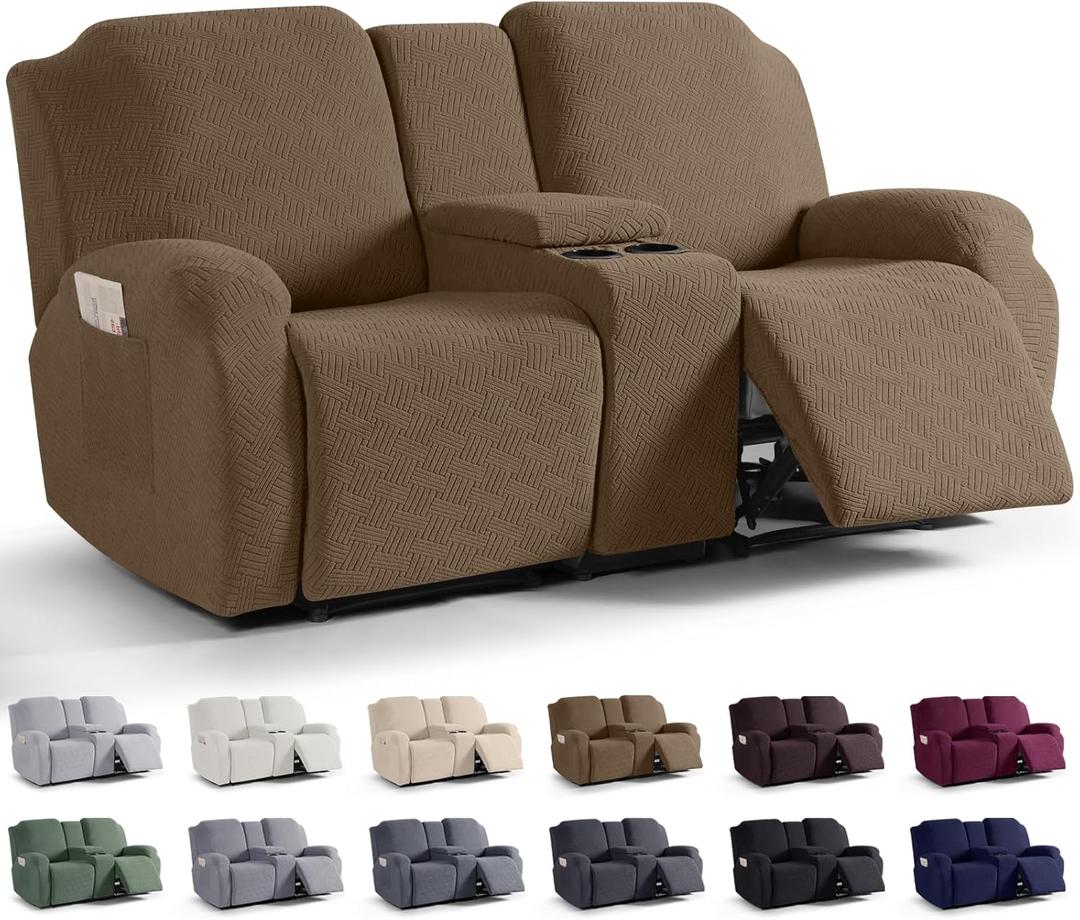 KinCam Loveseat Recliner Covers with Middle Console Slipcover, Recliner Sofa Covers 2 Seat Couch Cover Stripe Jacquard Furniture Protector Covers with Elastic Bottom for Kids, Pets (Brown)