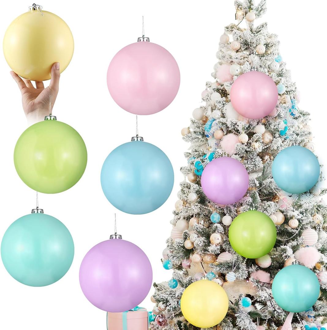 6 Pcs Large Pastel Christmas Tree Balls Ornaments 6 Inch Oversize Xmas Tree Shatterproof Decorations Pink Blue Purple Rainbow Xmas Hanging Ornaments for Christmas Wedding Party Decor