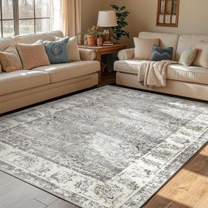 jinchan Vintage Floral 5x7 Area Rugs for Bedroom - Machine Washable Distressed Design Stain Resistant Boho Carpet Ultra-Thin Low Pile Non-Slip Rug for Living Room Dining Room Kitchen (5x7',Grey)
