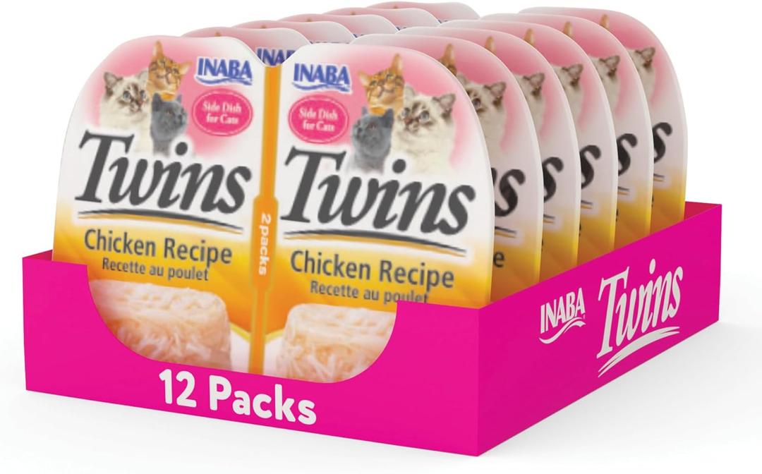 INABA Twins for Cats, Grain-Free Shredded Chicken & Broth Gele Side Dish/Complement/Topper Cups, 1.23 Ounce - 2 Count (Pack of 6), Chicken Recipe (EXP 02/06/27)