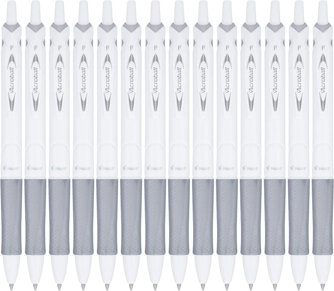 PILOT Acroball PureWhite Advanced Ink Refillable & Retractable Ball Point Pens with Silver Accents, Fine Point, Black Ink, 14-Pack (14694)