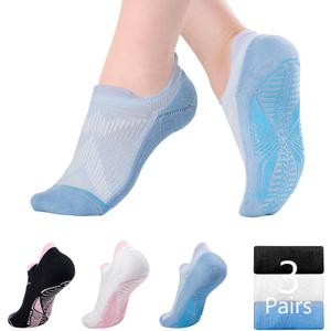 BRISIRA Pilates Socks with Grips Women Non Slip Grippy Yoga Socks Coolmax Bamboo Viscose Compression Barre Hospital Barefoot (8-10, Blakc + White + Blue)