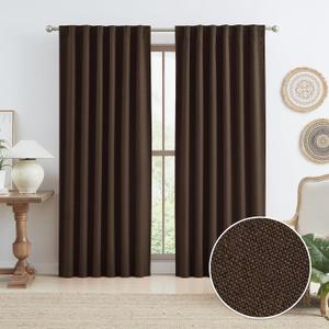 KEQIAOSUOCAI 90 Inch Linen Blackout Curtains 2 Panels Set, 100% Black Out Thermal Insulated Canvas Look Curtain Drapes Chocolate Brown 50 Wide by 90 Length Back Tab Rod Pocket Hook Belt