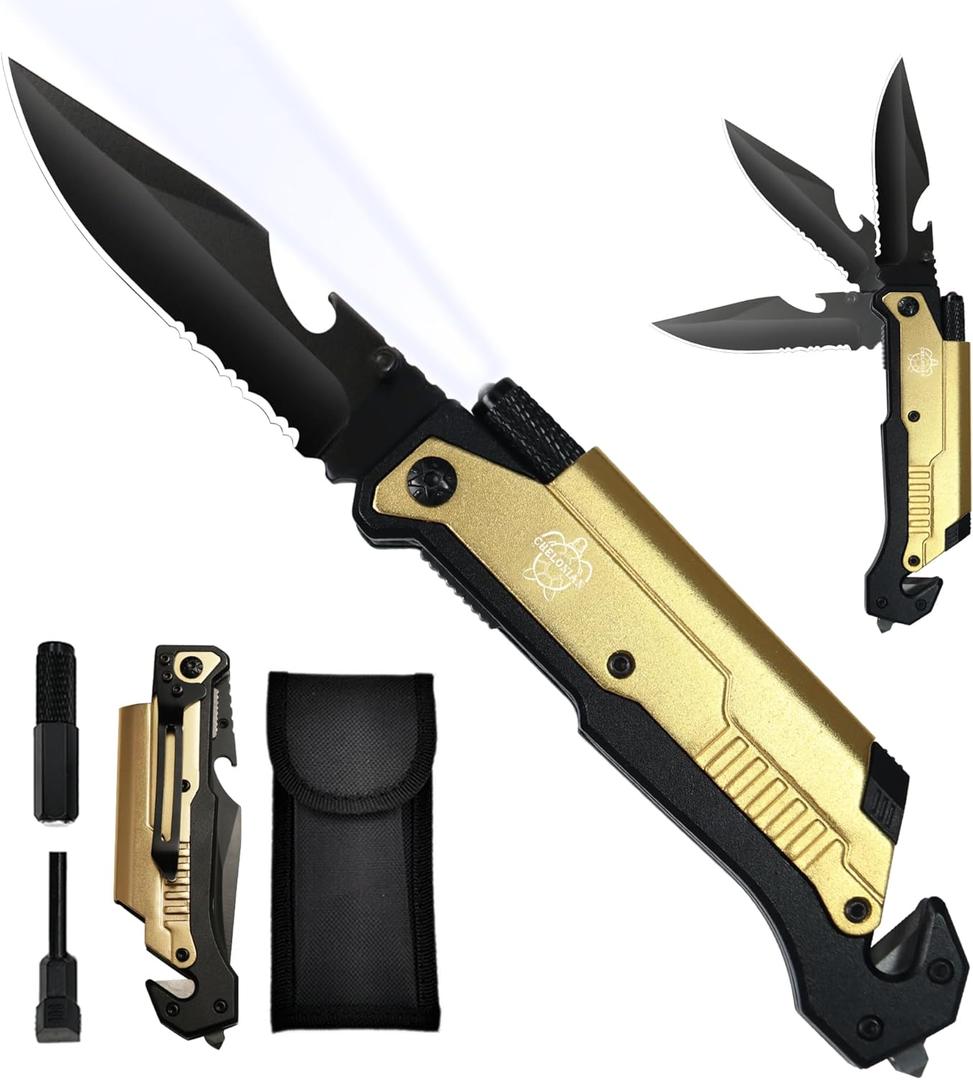 8.5" Military Outdoor Hunting Camping Pocket Knife, 7 in 1 Multi-Function Folding Knives with Fire Starter LED Light Seatbelt Cutter Glass Breaker Bottle Opener Tactical Blade (Gold)