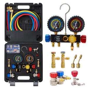AC Gauge Set R410a R134a R22, Automotive 4 Valve AC Manifold Gauge with 5ft Hoses, Quick Couplers, Adapters, Puncturing Can Tap Tools for R410a Refrigerants Charging and Evacuation