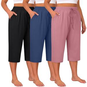 Huukeay 3 Pack Women's Plus Size Capris, Drawstring Cotton Yoga Capri Sweatpants Summer Casual Loose Cropped Pant with Pocket (5X-Large, Black, Denim Blue, Rose Pink)