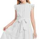 Cubear Girls Summer Dresses Ruffle Sleeve A-Line Swiss Dot Dress with Belt for Girls 8-9Years
