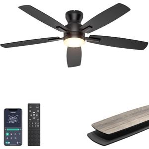 Ohniyou Ceiling Fans with Lights, 52'' Low Profile Ceiling Fan with Light and Remote/APP Control, Modern Flush Mount Ceiling Fan for Indoor Bedroom Living Room, Dimmable, Qiuet DC Motor, Black