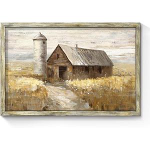 Barn Wall Art Wood Print: Rustic Wheat Fields Framed Picture Rural Farmhouse Artwork Harvest Countryside Scene Painting Horizontal Vintage Farm Art for Gallery Living Room Bedroom Kitchen (24"L x 16"W)