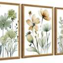 SYWENNOI Wood Framed Green Botanical Canvas Wall Art, Boho Floral Watercolor Art Wall Decor, Minimalist Flower Pictures Poster Prints for Bedroom Bathroom Living Room Ready to Hang 12x16 Inches