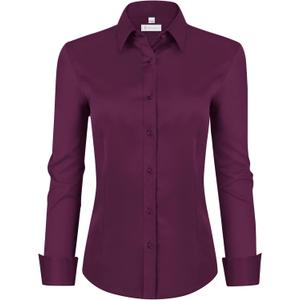 siliteelon Womens Classic-Fit Dress Shirts Long Sleeve Button Down Wrinkle-Free Stretch Solid Casual Work Office Blouse Top (X-Small, Magenta)