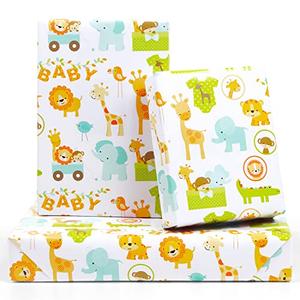 Gift Wrapping Paper for Baby Boys Girls Infant Kids, 6 Sheets Forest Animals Lion Giraffe Elephant Monkey Crocodile Wrapping Paper Sheet, 20 x 30 Inch Gift Paper for Baby Shower Birthday Kindergarten, Pack of 2