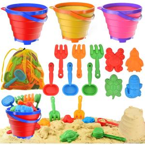 Collapsible Beach Toys for Toddler,Sandbox Toys for Kids 3 Packs Foldable Buckets with Sand Molds,Shovels&Mesh Bag for Beach Summer Outdoor Activities,Travel Sand Toys for Kids Boys Girls