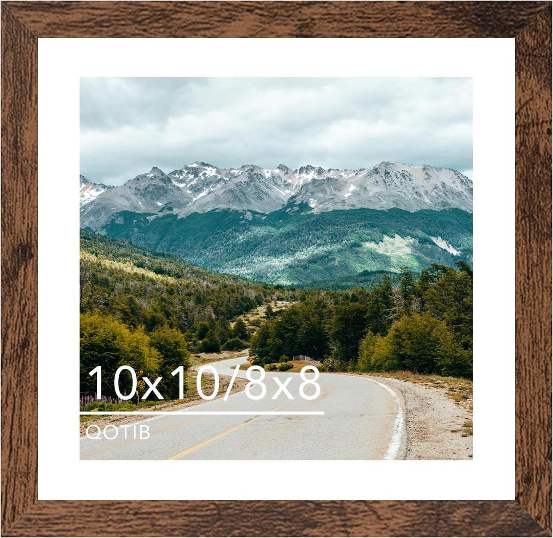 Wood 10x10 Picture Frame with 8x8 Mat Deep Brown, Display 8x8 with Mat or 10x10 Without Mat, Wood 10 by 10 Photo Frame, 10 x 10 Frame for Wall Hanging Display, Deep Brown