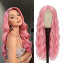 Pink Wig - Long Pink Wavy Wigs for Women Middle Part Pastel Pink 26 inch Natural Curly Synthetic Wig Heat Resistant Fiber Wigs for Daily Party Use