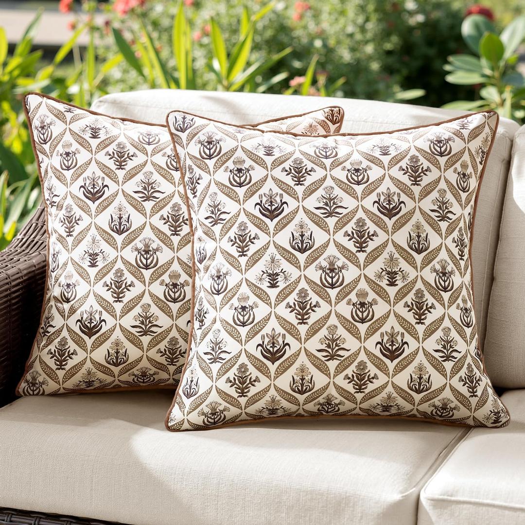 ANRODUO Floral Outdoor Pillow Covers 16x16 Waterproof Set of 2 Block Print Accent Decorative Cushion Cases with Refined Edge Piping for Summer Patio Porch Garden Couch Sofa Bench Decor Brown