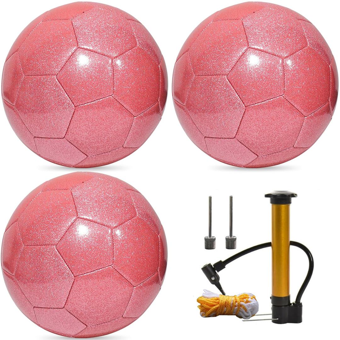 DHYLRICHER 3 Pack Glitter Soccer Ball Set with Pump – Size 5 Pink Training Balls for Youth, Teens, and Adults – Soft Practice Ball for Beginners