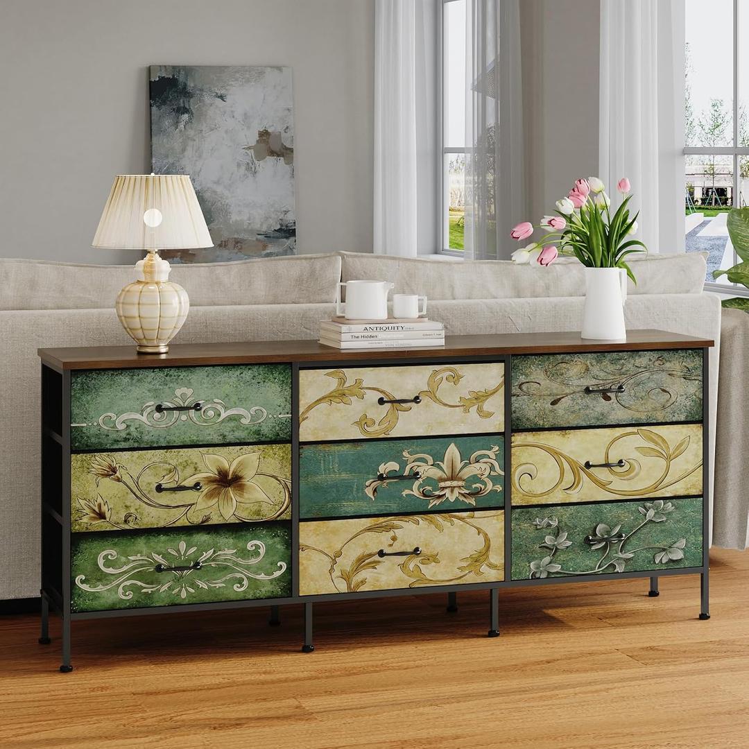 Tohomeor Dresser with Drawers for Bedroom Chest of Drawers Fabric Dresser for Closet,Nursery Entryway Hall Tree TV Stand for Living Room Retro Floral Pattern Drawers Wooden Top (Wide 9 Drawers) (11.8"D x 62.9"W x 26.7"H (9 Drawers))