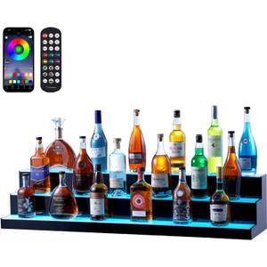 VEVOR LED Lighted Liquor Bottle Display, 3 Tiers 48 Inch Commercial Illuminated Home Bar Shelf, 3 Steps Whiskey Rack Stand, Acrylic Drink Shelves with RF Remote & App Control, and Multicolor Light